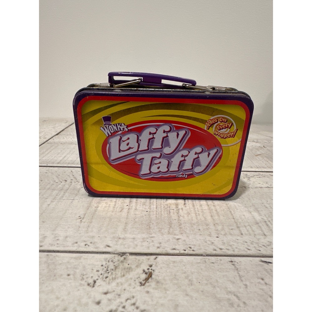 Wonka Laffy Taffy Mini Metal Lunch Box Tin Yellow Purple Collectible Candy Case